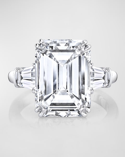 Platinum 3 Stone Ring with Diamond Cushion, Diamond Trapezoid Sides and 3 Row Micro Pave Shank, Size 6.5, 11.64tcw