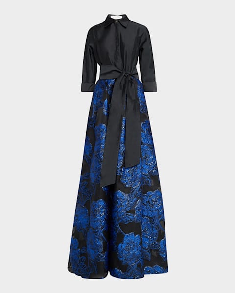 3/4 Sleeve Taffeta Shirt Waist Color Block Gown | Teri Jon