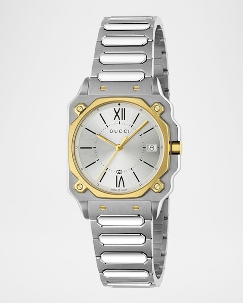 Gucci G-Frame Rectangular Mother-of-Pearl Watch w/ Mesh Strap