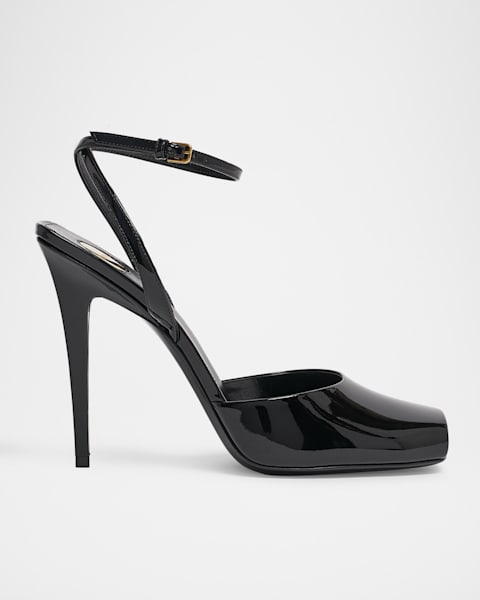 Saint Laurent La Scandale Glossy Ankle-Strap Wedge Sandals