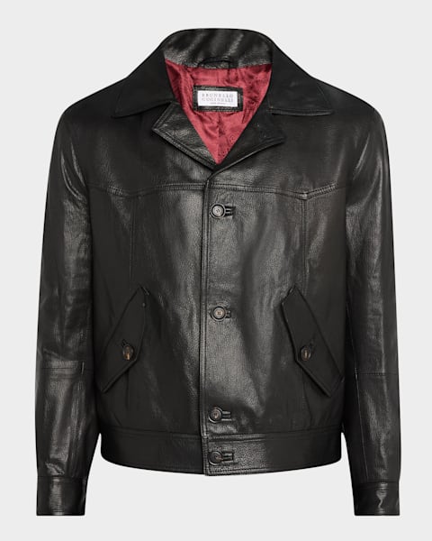 Brunello Cucinelli Men's Full-Zip Leather Jacket with