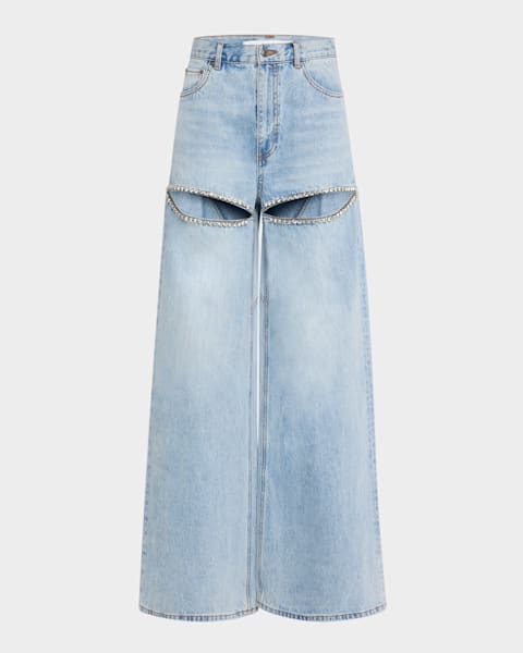 AREA High-Rise Crystal Slit Wide-Leg Jeans | Neiman Marcus