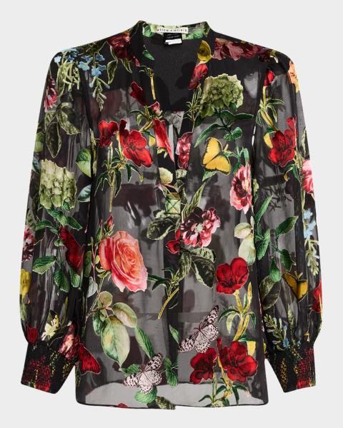 Alice Olivia Silk-Blend Floral Arlette Blouse in White