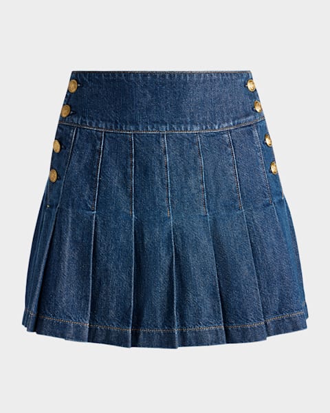 Alice + Olivia Mera Denim Pleated Mini Skirt with Buckle Alice + Olivia Mera Denim Pleated Mini Skirt with Buckle