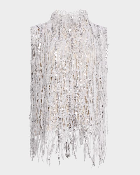 Brunello Cucinelli Mosaic Sequin Embroidered Net Knit Zip