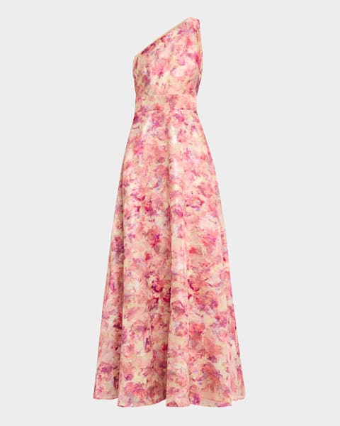 AIDAN MATTOX　フラワージャガードフレアワンピース　インド製　ピンク Aidan Mattox Floral Printed Metallic Jacquard One Shoulder