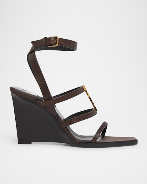 Saint Laurent La Scandale Glossy Ankle-Strap Wedge Sandals