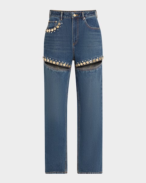 Crystal Detail On Cutout Mid-Rise Wide Leg Black Jeans