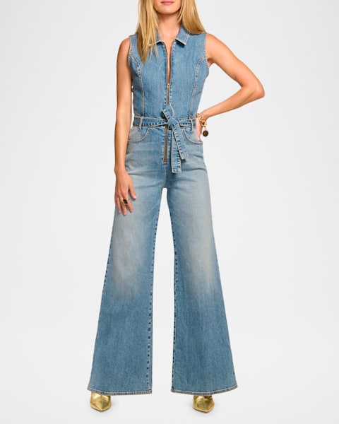 Ramy Brook Claudette Faux Suede Trim Denim Jumpsuit | Neiman Marcus