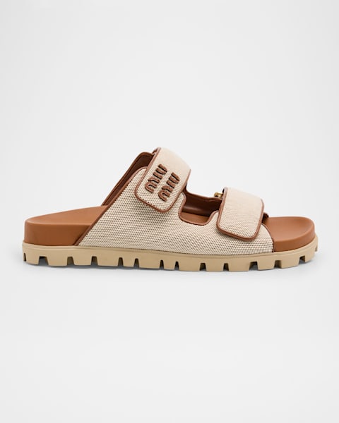 サンダル・ミュール Miu Miu LOGO SLIDE SANDALS Miu Miu Canvas Logo Flat Slide Sandals | Neiman Marcus