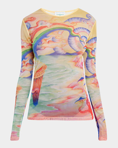 CASABLANCA Lettuce Hem Printed Mesh Tee | Neiman Marcus