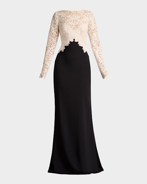 Tadashi Shoji Two-Tone A-Line Lace Crepe Gown | Neiman Marcus