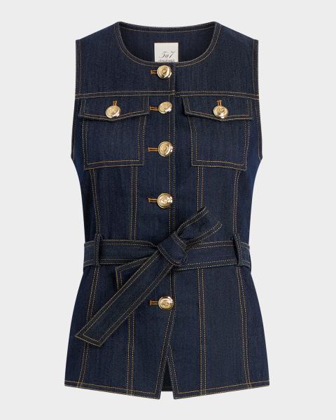 Veronica Beard Becker Stretch-Denim Belted Vest | Neiman Marcus