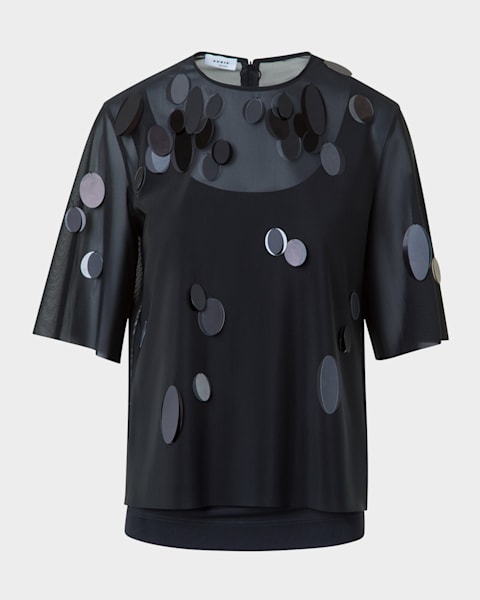 Sequined Signature Mesh Long-Sleeve Top