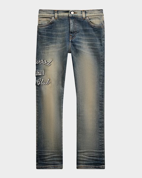 Boy's Staggered Logo-Print Jeans, Size 4-12