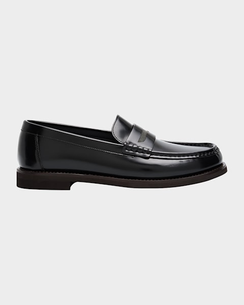 Brunello Cucinelli Leather Monili Penny Loafers | Neiman Marcus