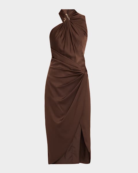 Bottega Veneta One-Shoulder Asymmetric Midi Dress with Gold