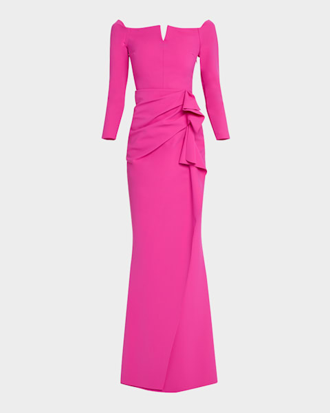 Tadashi Shoji ワンピース Benz Pleated Portrait Collar Gown | Tadashi Shoji Bridal