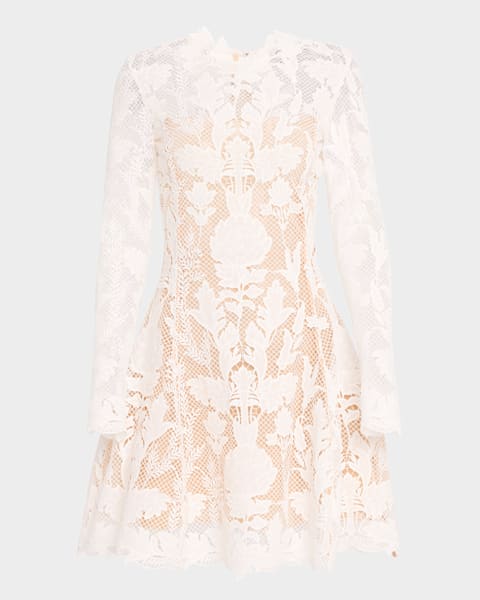 Short-Sleeve Orchid Jacquard Fit-&-Flare Mini Dress