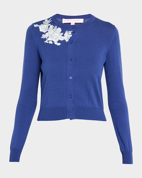 Carolina Herrera Floral Embroidered Crewneck Cardigan With
