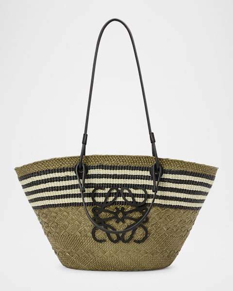 x Paula's Ibiza Anagram Small Basket Bag in Iraca Palm with Leather Handles