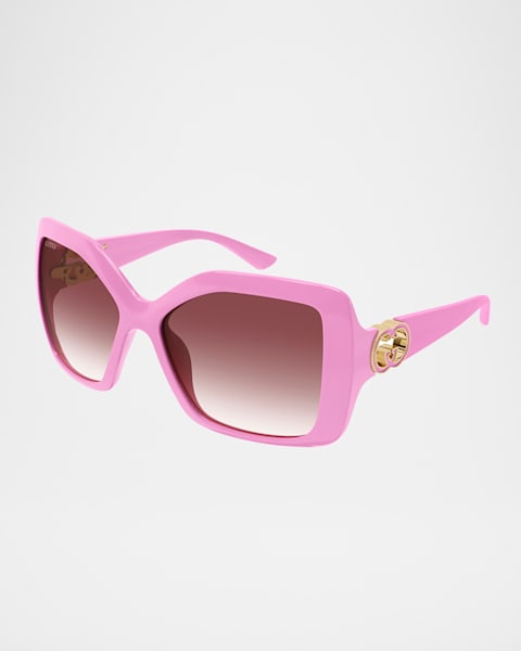 Square Metal & Acetate Sunglasses w/ Chain Strap