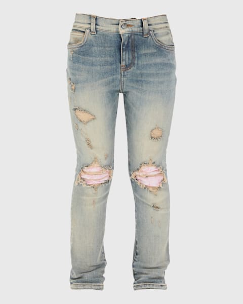 Boy's Staggered Logo-Print Jeans, Size 4-12