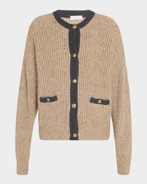 Brunello Cucinelli Paillette Linen Open-Knit Zip Cardigan | Neiman