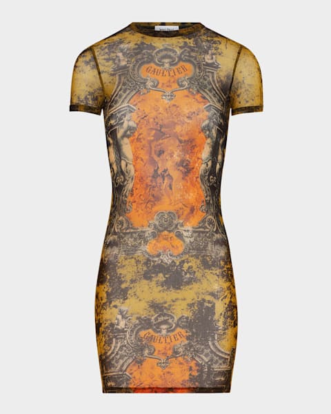 Jean Paul Gaultier Flocked Logo Mesh Cap-Sleeve Maxi Dress
