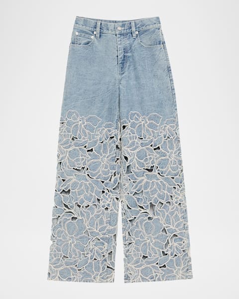 Sandro Spring Floral Embroidered Wide-Leg Jeans | Neiman Marcus