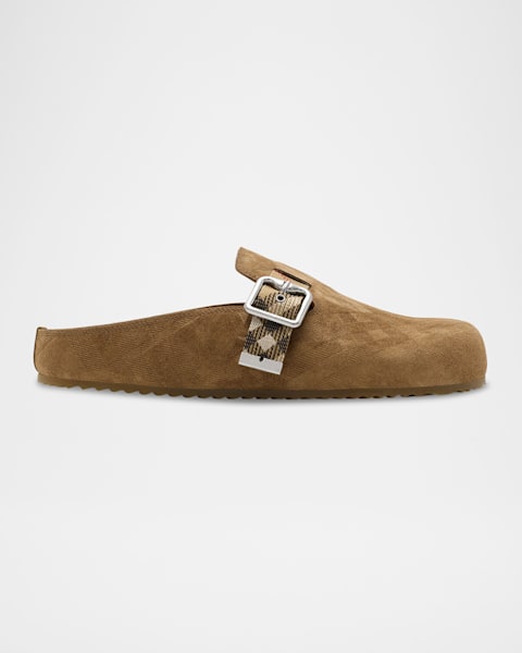 Burberry Chubby Suede Shearling Buckle Mules | Neiman Marcus