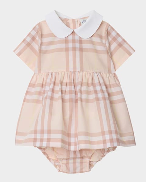 Girl's Lea Check Short-Sleeve Dress & Bloomers, Size Newborn-18M