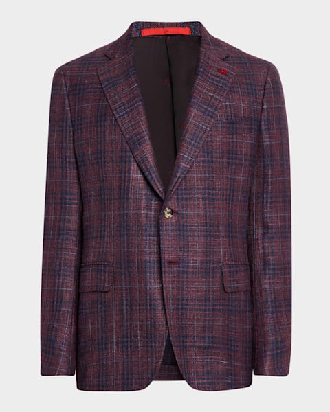 Isaia Men's Tan and Blue Gingham Check Sport Jacket | Neiman Marcus