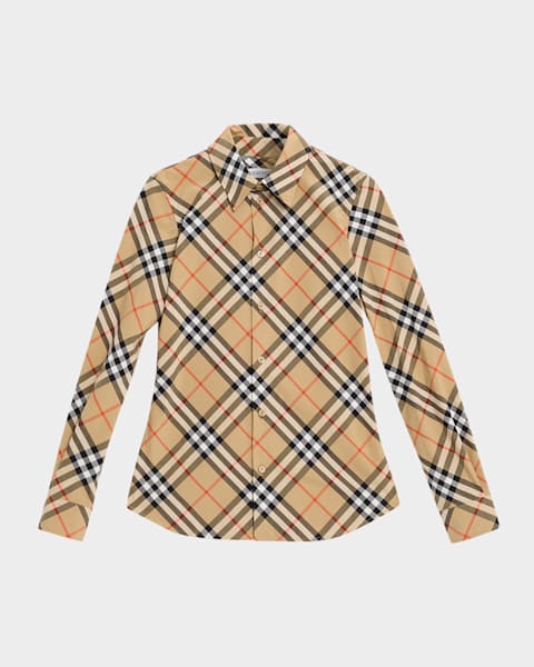 Burberry Check Long-Sleeve Cotton Button-Down Top | Neiman Marcus