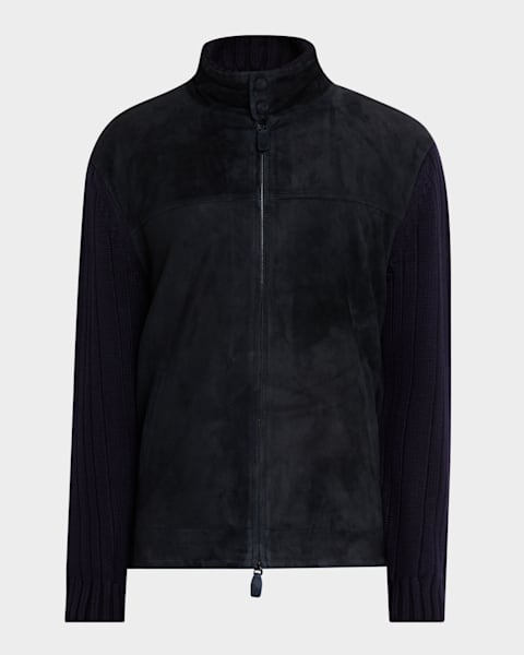 Emporio Armani Men's Perforated Suede Trucker Jacket | Neiman Marcus