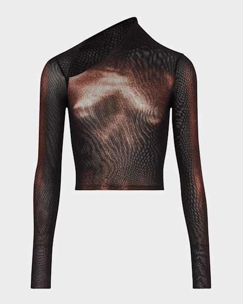 Sequined Label Mesh Long-Sleeve Top