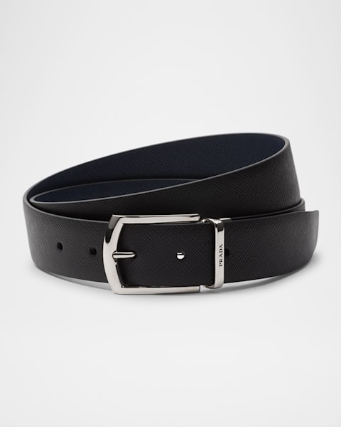 PRADA レザーベルト Black Prada Men's Leather Logo-Engraved Buckle Belt | Neiman Marcus
