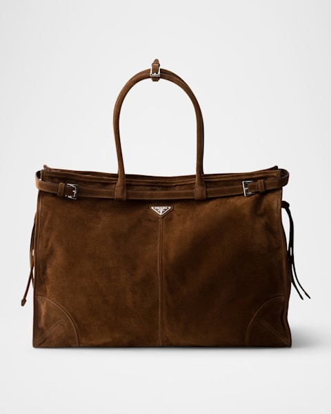 トートバッグ PRADA Brown Suede Prada Buckle Large Handbag Cocoa Brown Large Prada Buckle Suede Bag With Belt | PRADA
