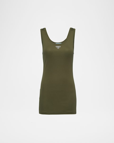 Prada Ribbed Lace-Trim Tank Top with Triangle Logo | Neiman Marcus