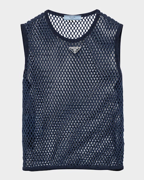 Prada Ribbed Lace-Trim Tank Top with Triangle Logo | Neiman Marcus