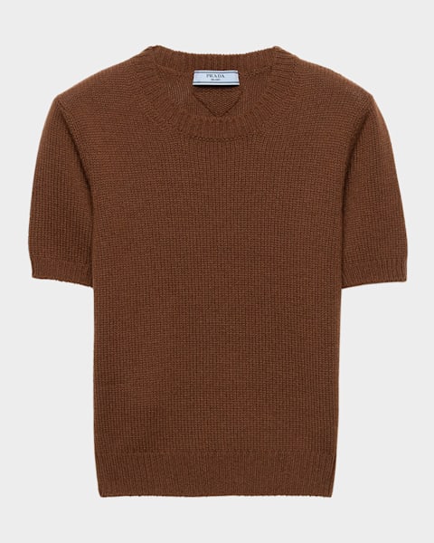 Prada V-Neck Short Sleeve Boxy Wool Sweater | Neiman Marcus