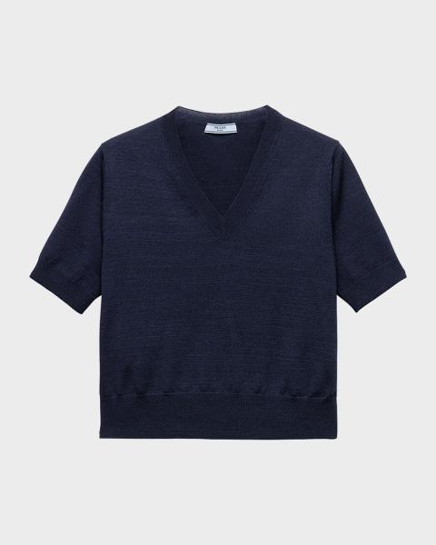 Prada Short-Sleeve Rib-Knit Logo Sweater | Neiman Marcus