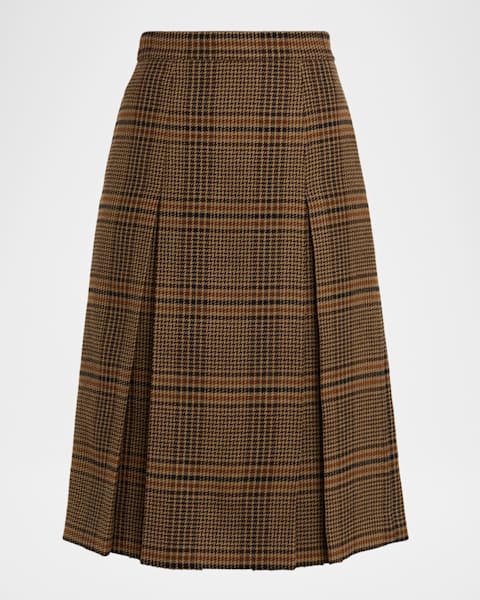 Burberry Pleated Check Midi Skirt with Slit | Neiman Marcus