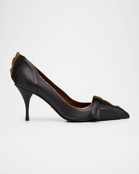 Prada Leather Triangle Logo Pointed-Toe Pumps | Neiman Marcus