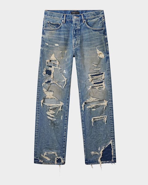 Men's Dropped-Fit Distressed Resin Jeans