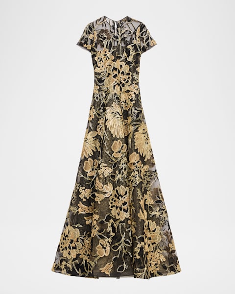 Strapless Floral Raffia Embroidered Gown