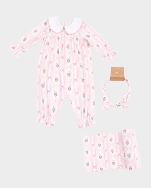 Girl's Floral Embroidered Cotton Overalls, Size 6M-18M