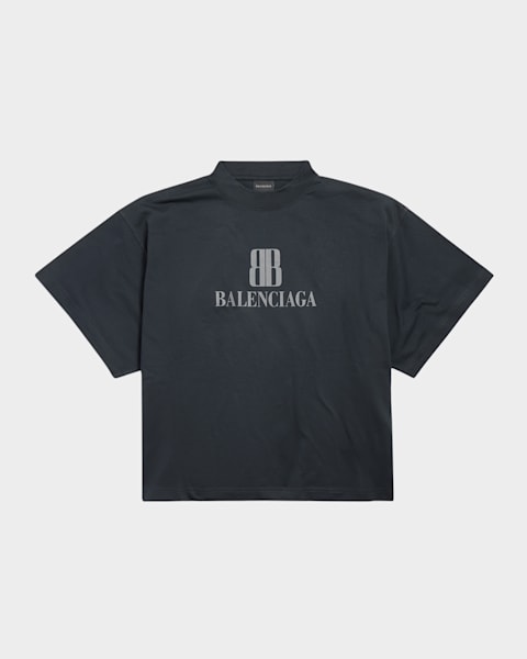 Balenciaga Logo Distressed Crop Shrunk T-Shirt | Neiman Marcus