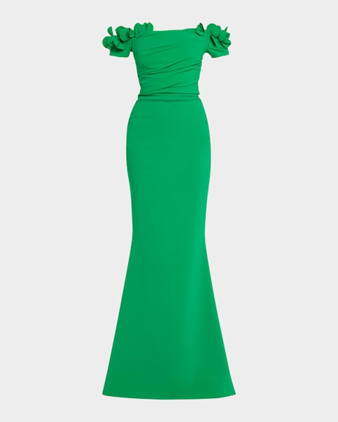 green emerald velvet dress Xscape Long Crepe Off The Shoulder Ruffle Short Sleeve Women's Dress Pine : 14 main image 0