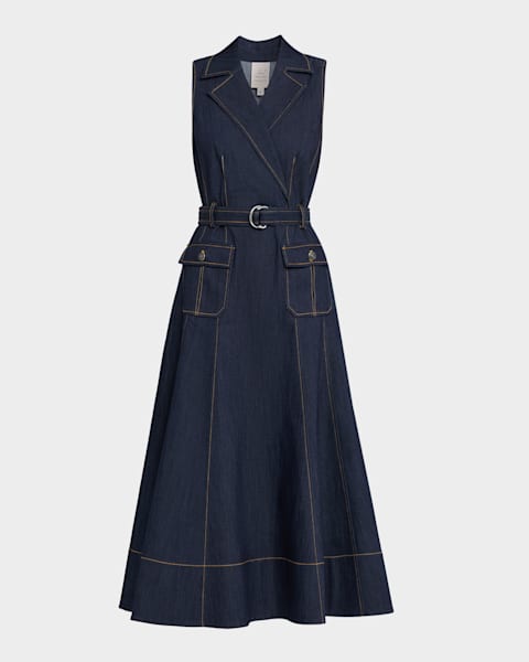 Cinq a Sept Zelda Belted Asymmetric Sleeveless Denim Midi Dress